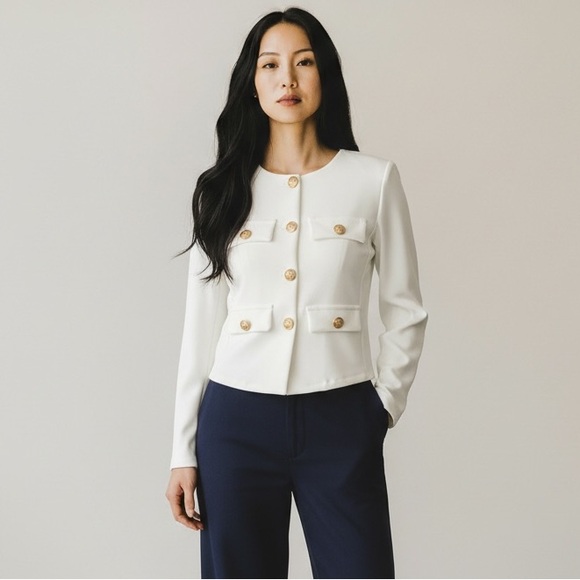 Jackets & Blazers - 1188 • Scuba Stretch White Collarless Gold Button Lady Jacket Blazer Top